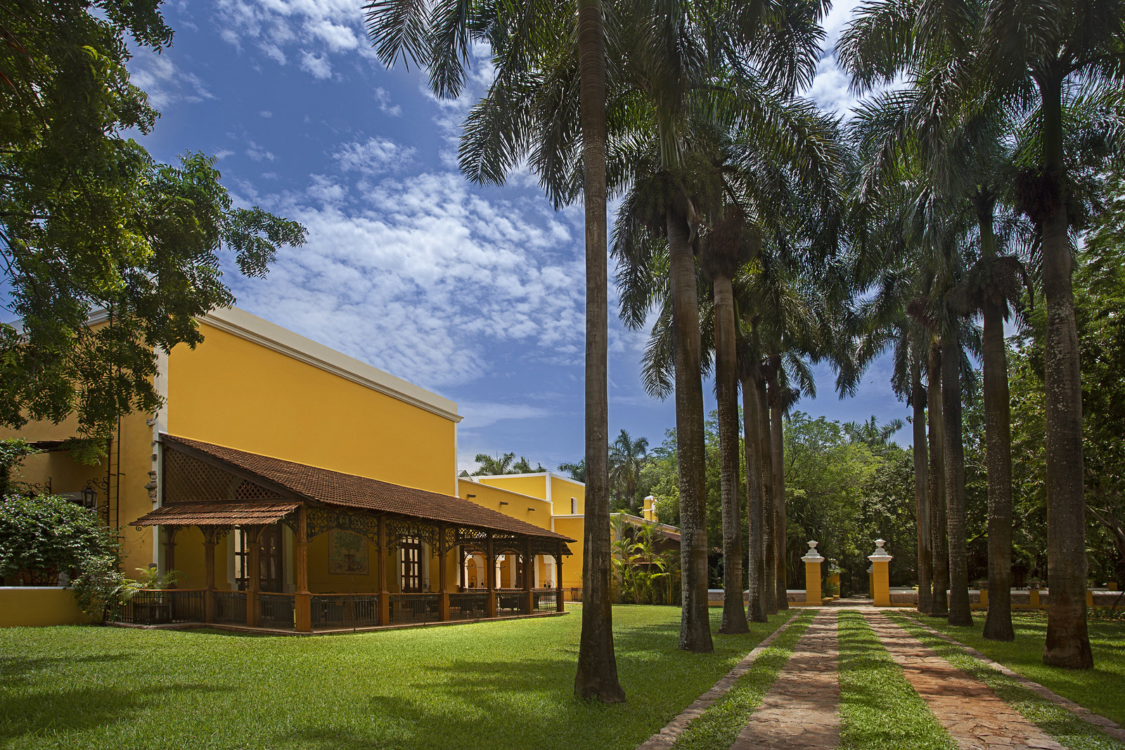 Casa principal amarilla y calzada de palmeras