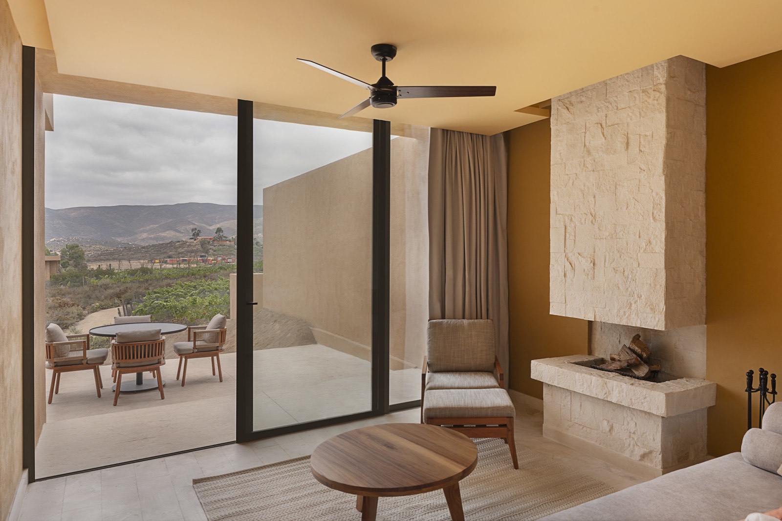 Sala con chimenea de piedra y terraza al viñedo